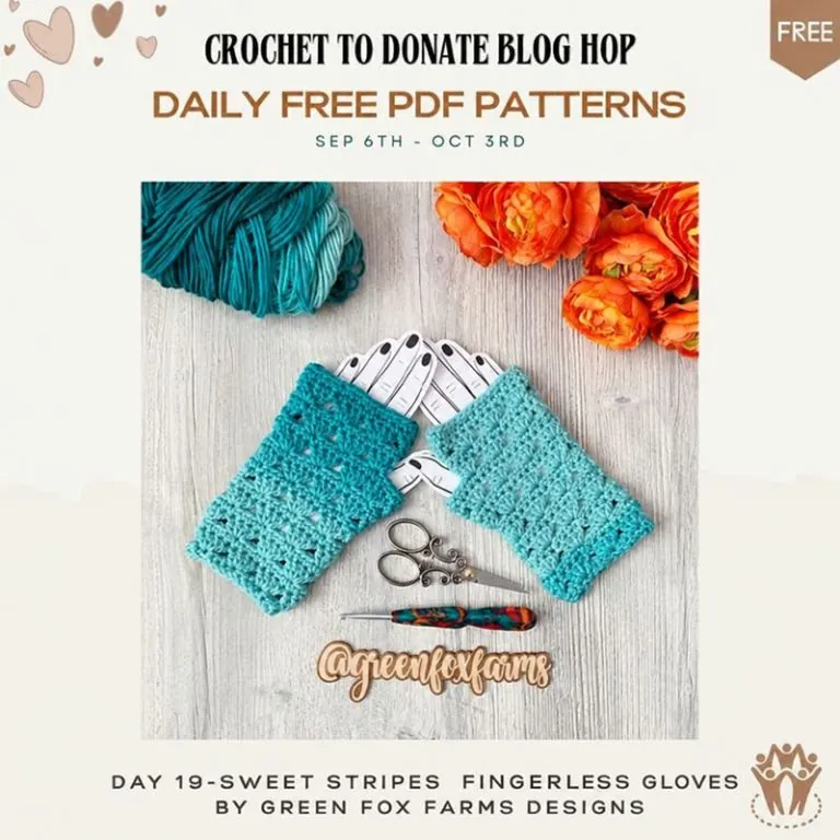 Free crochet fingerless gloves pattern — teal textured gloves in four sizes, toddler to adult