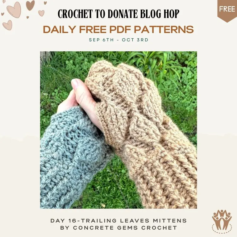 Free crochet fingerless gloves pattern — tan and grey textured gloves with a leaf-inspired post stitch