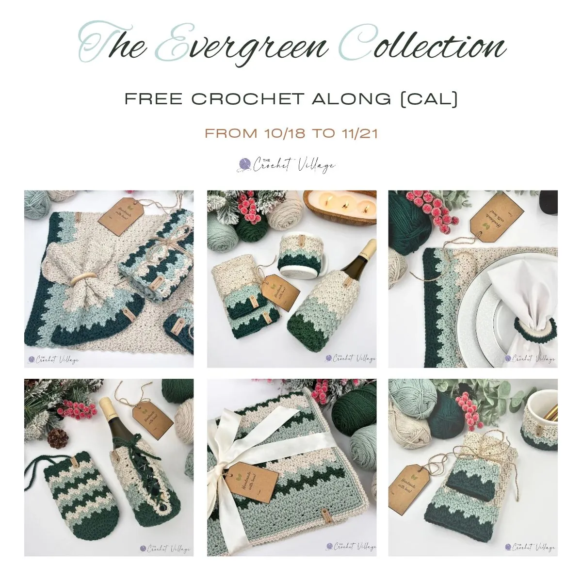 Crochet Christmas gift ideas — six free patterns in forest green, sage, and cream, including a blanket, mug cozy, and wine cozy
