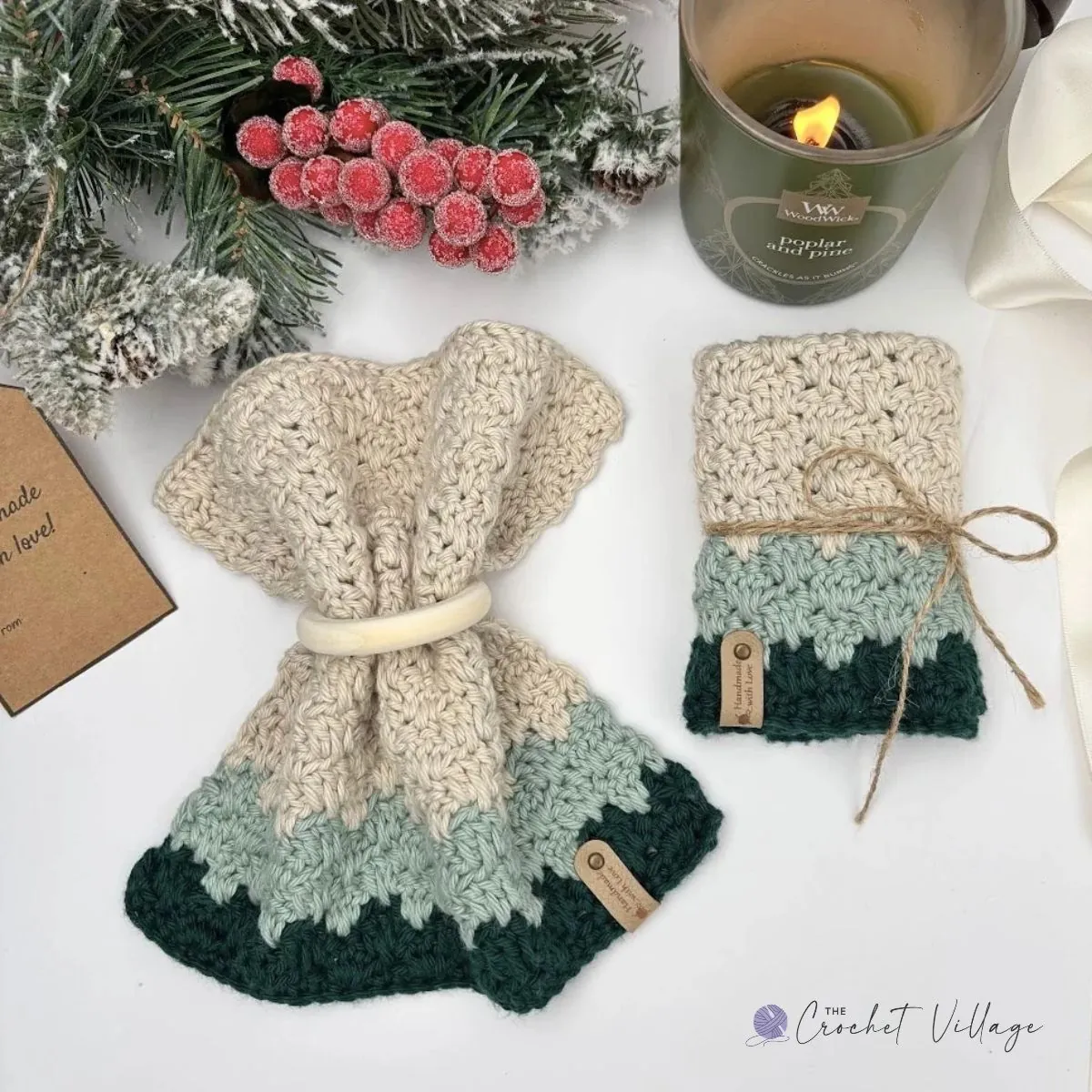 Crochet washcloth and dishcloth set in cream, sage, and forest green with a wooden ring and handmade tags