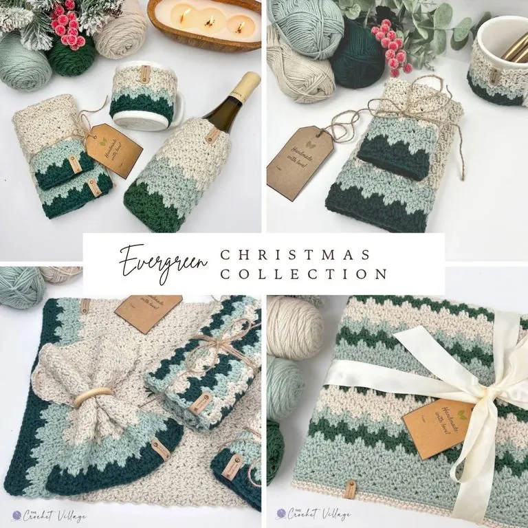 Crochet Christmas gift ideas — five free patterns in forest green, sage, and cream with handmade kraft gift tags
