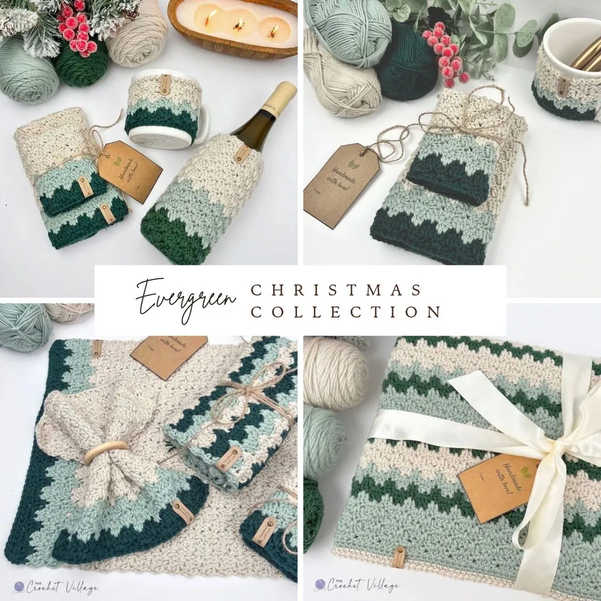Crochet Christmas gift ideas — five free patterns in forest green, sage, and cream with handmade kraft gift tags