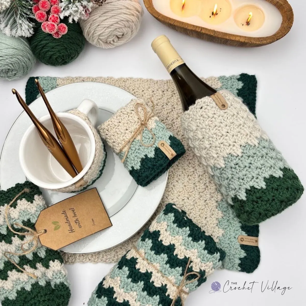Crochet Christmas gift set in green and cream — mug cozy, wine bottle cozy, placemat, and washcloths with handmade tags