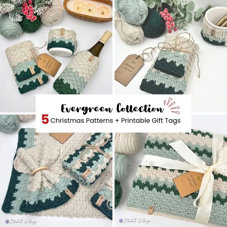 Crochet Christmas gift ideas — five free patterns in forest green, sage, and cream with handmade kraft gift tags
